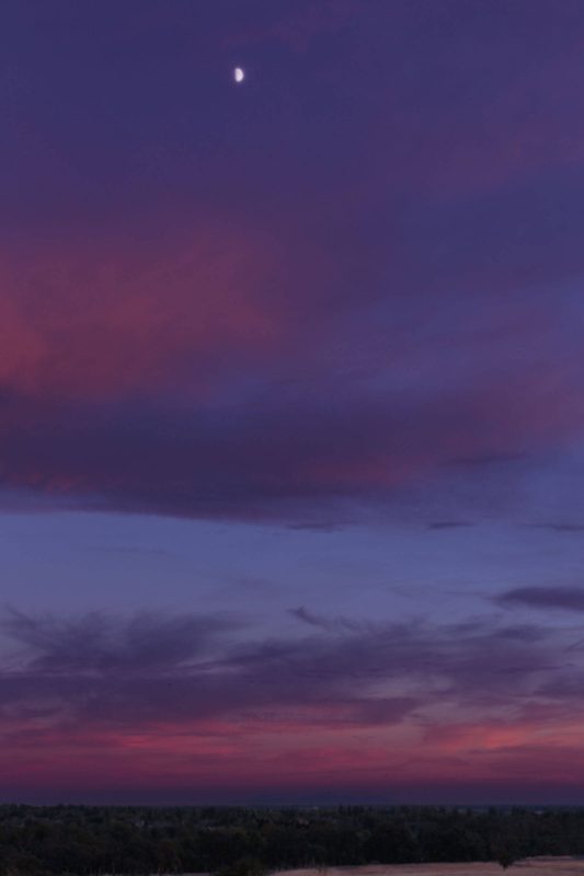 A waxing gibbous moon in the upper part of image at sunset.