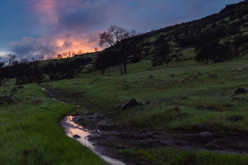 Sunset reflected in a puddle after a storm clears on the Middle Trail - Upper Bidwell Park, 2015